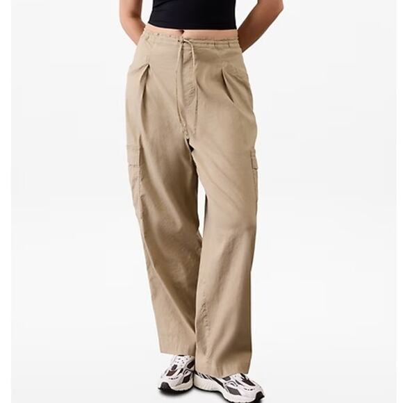 Athleta Paradise Straight Leg Cargo Pants Drawstring Waist Linen Blend Flax, NWT - Picture 2 of 14